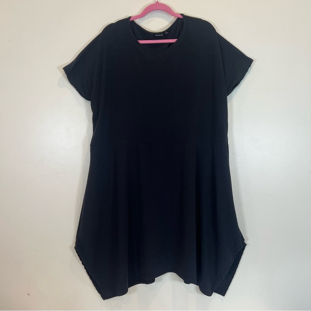 Boohoo Midi Shift Dress Ribbed Knit Cap Sleeve Black Side Slits Plus 24